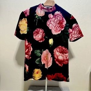 ZARA Trafaluc Women’s Top Floral Velvet Black Blouse Size S Mock Neck